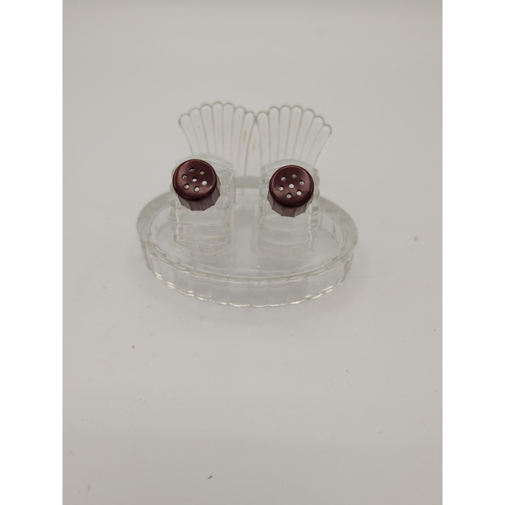 Vintage Art Deco Clear Glass Clam Shell Salt and Pepper Shakers Red Screw Caps